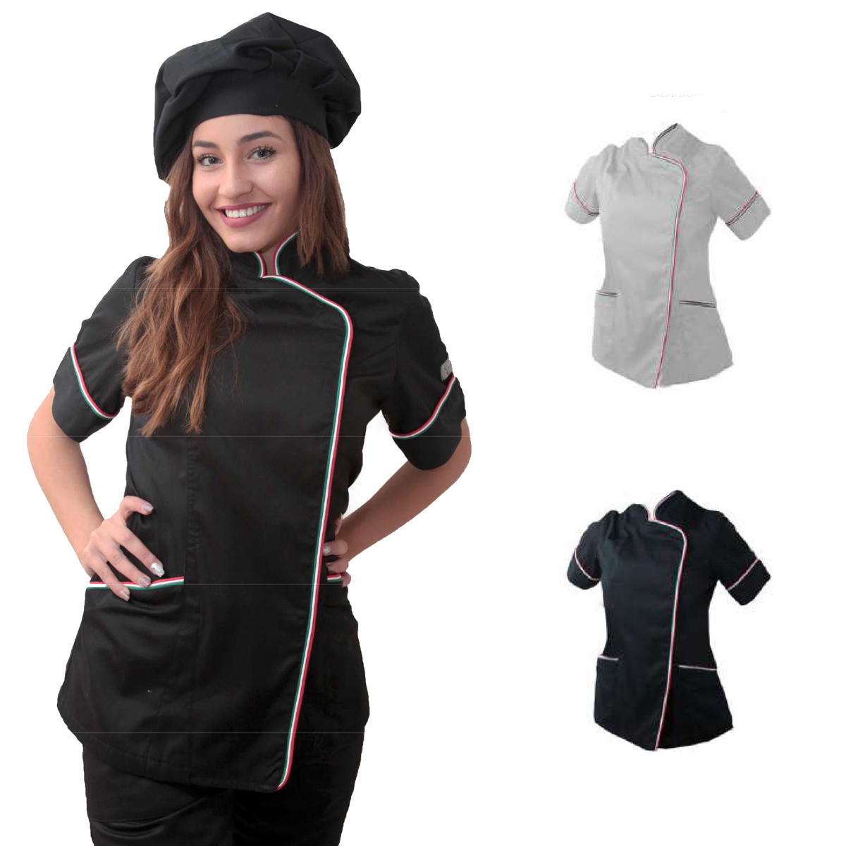 FRT-000011805 - Giacche Cucina - fratelliditalia abbigliamento militare e  softair e abiti da lavoro - Casacca cuoco donna chef nera bianca mezze  maniche femminile cotone cucina