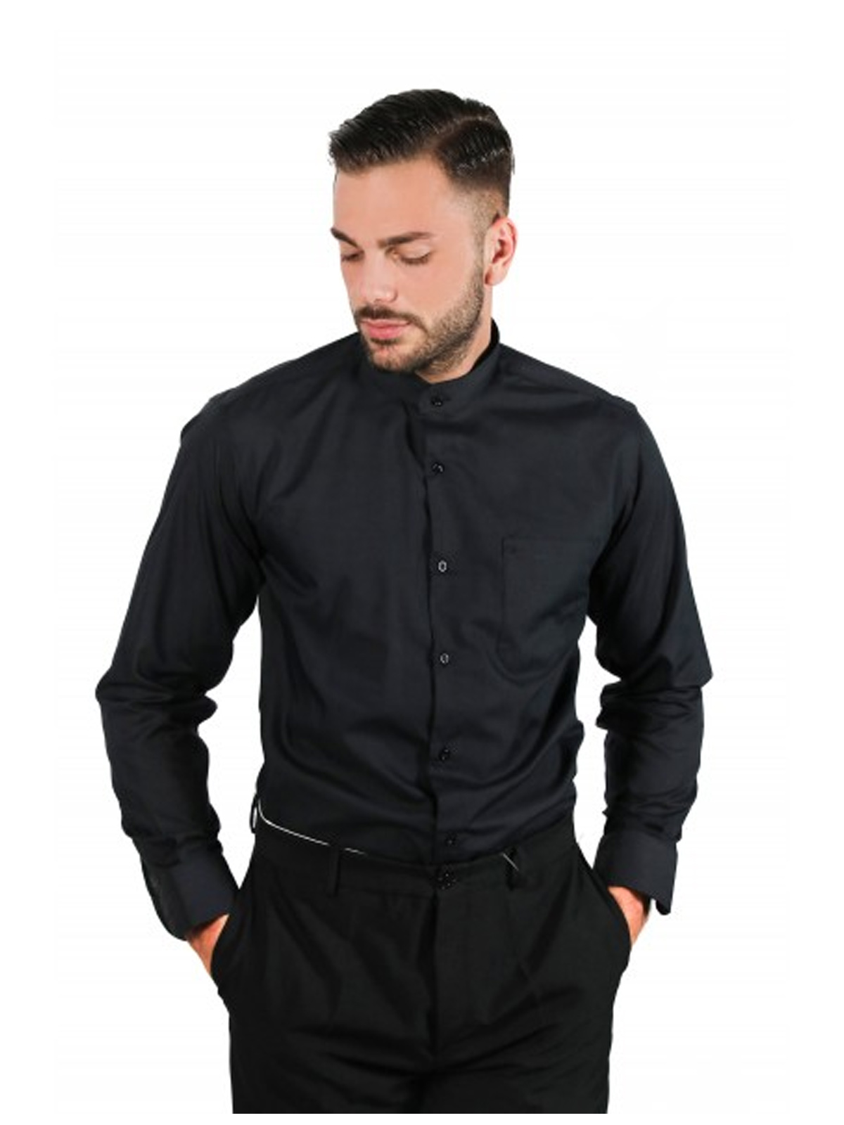 FRT-000012379 - Camici Hotel - fratelliditalia abbigliamento militare e  softair e abiti da lavoro - Camicia Uomo Cotone Nera Collo Coreana Casual  Slim fit Manica Lunga