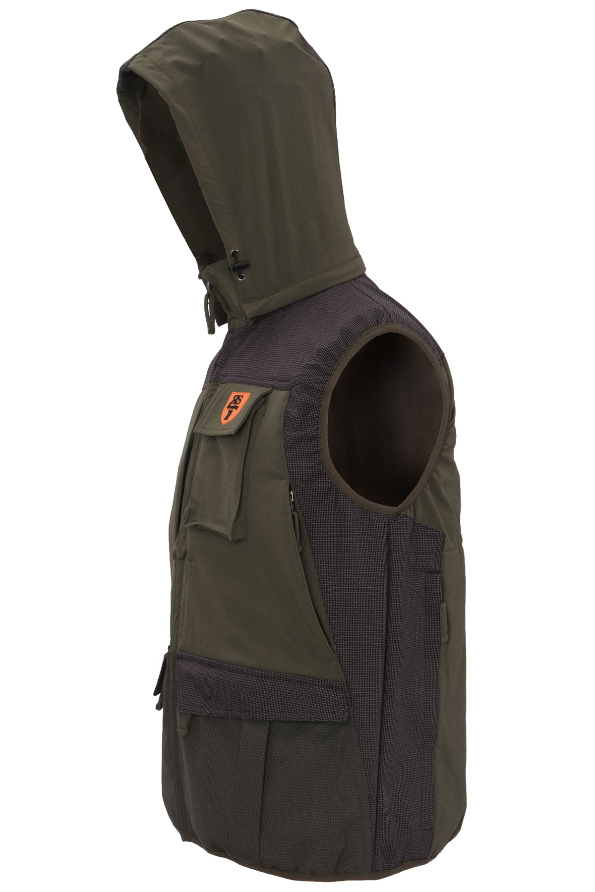 Gilet smanicato caccia verde quattro grandi tasche carniere sul retro con zip