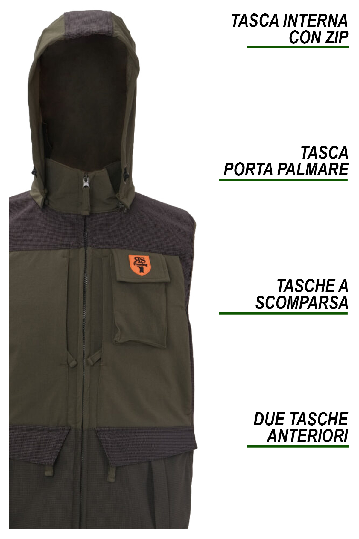 Gilet smanicato caccia verde quattro grandi tasche carniere sul retro con zip