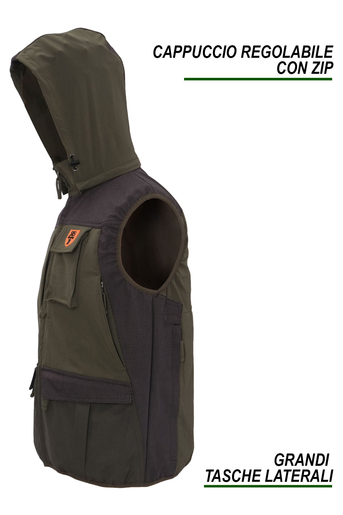 Gilet smanicato caccia verde quattro grandi tasche carniere sul retro con zip