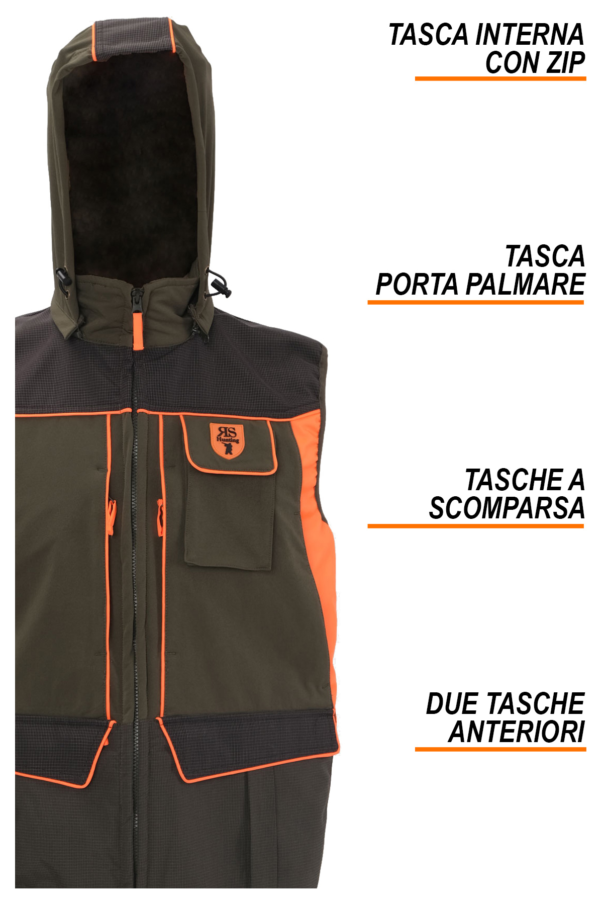 Gilet verde inserti arancio fluo tasche tasca porta palmare e carniere integrato