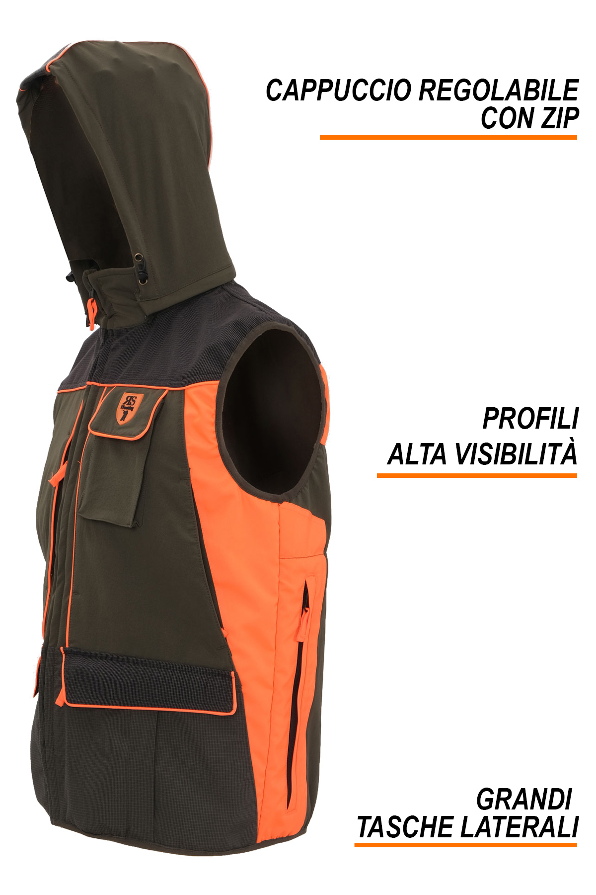 Gilet verde inserti arancio fluo tasche tasca porta palmare e carniere integrato