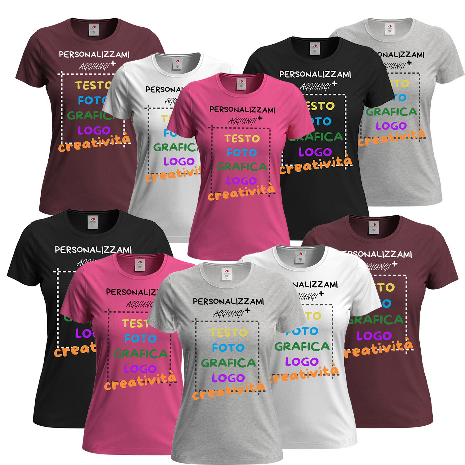 10x T-Shirt manica corta donna girocollo 100% cotone vari colori da XXS a 3XL STAMPA DIRETTA su tessuto o dft PERSONALIZZA CON IL TUO LOGO