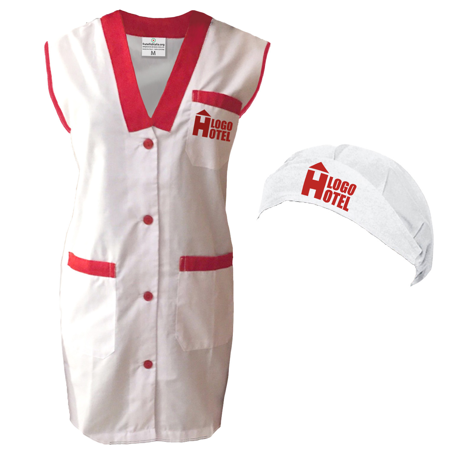 Kit Pulizie camice Hotel Personalizzabile Logo Nome Cuffia e Grembiule donna lavoro