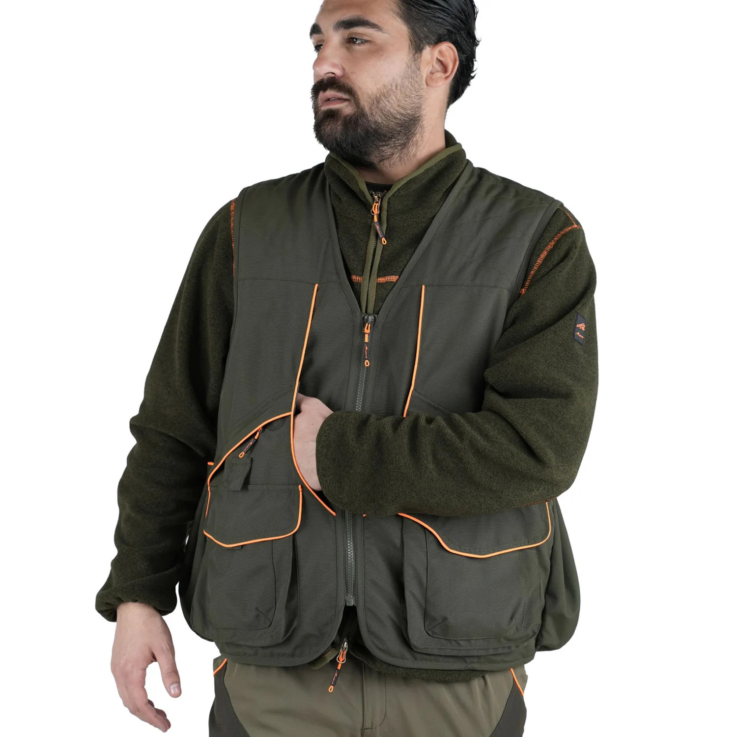 Smanicato panciotto gilet caccia verde uomo tasche inserti arancio cacciatora canvas