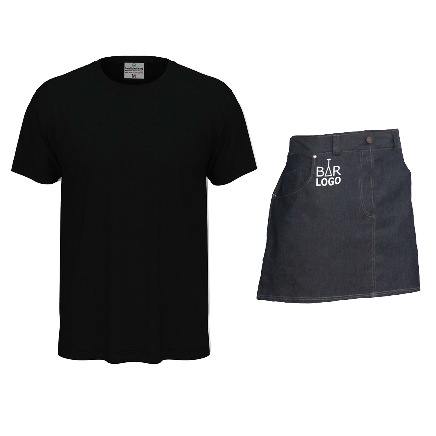 Kit Uomo con Grembiule davantino jeans corto e t-shirt per cameriere sala e bar made in italy