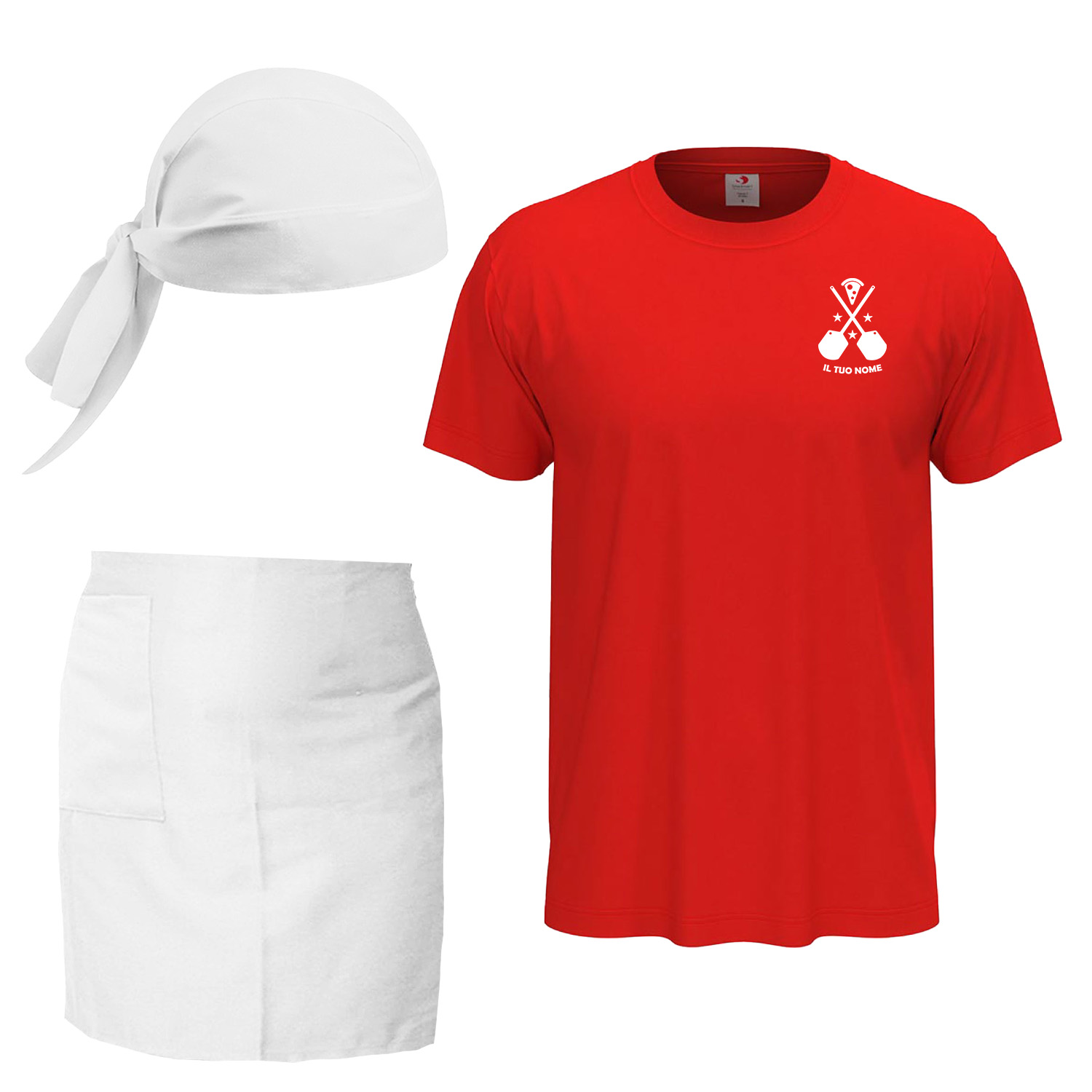 Kit Cucina Ristorante Pizzeria con t-shirt e grembiule corto e bandana Personalizzabile con Logo e Nome