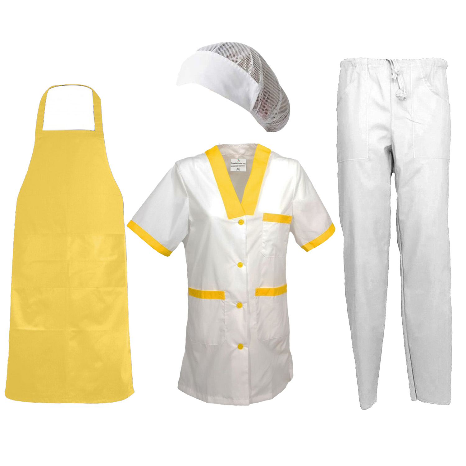 Divisa donna con camice grembiule pantalone cuffia per lavoro in caseifici laboratori e supermercati Personalizzabile con logo e nome