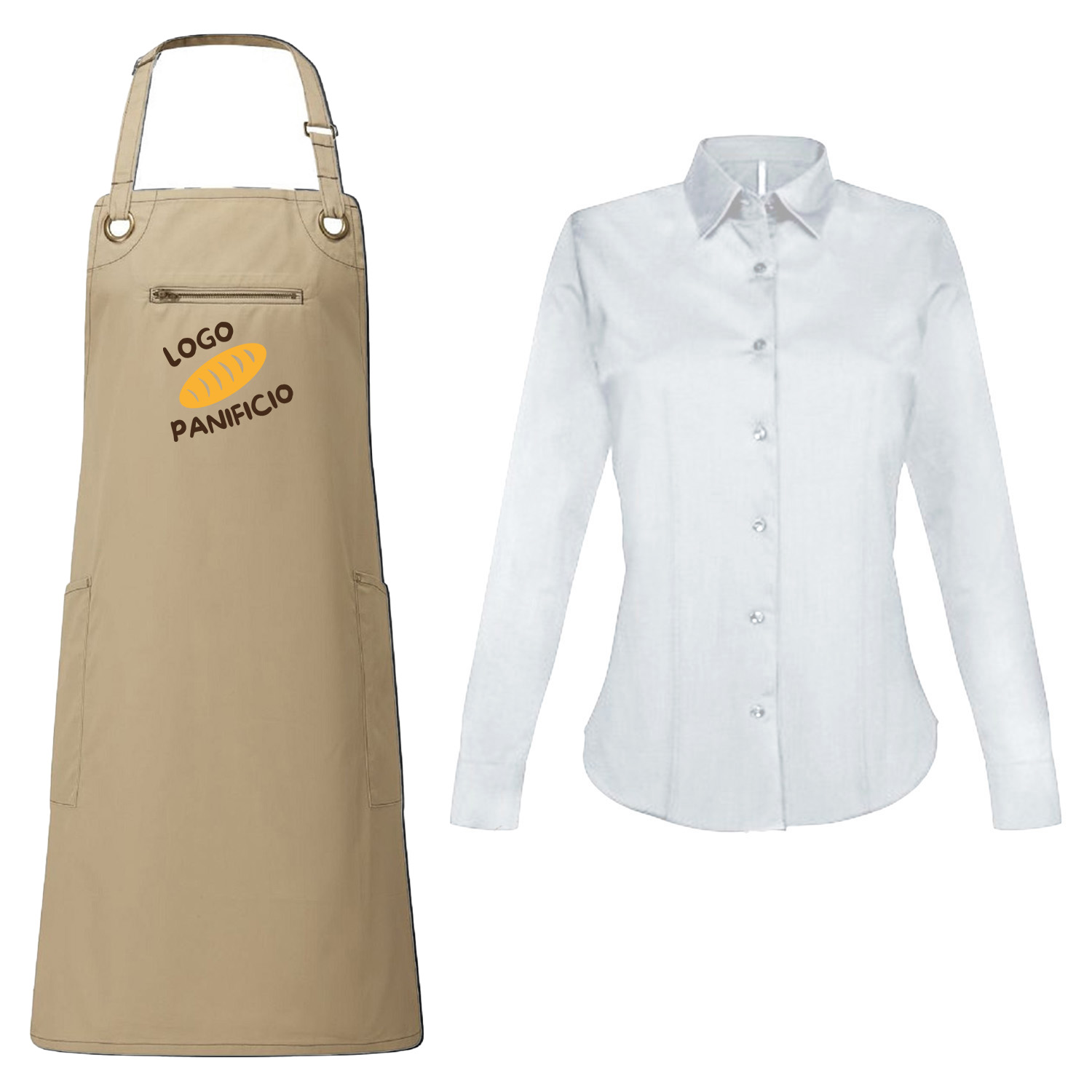 Divisa Donna per Bancone in Panetterie Forni e Bar con Camicia e Grembiule con Pettorina - Personalizzabile con Logo e Nome
