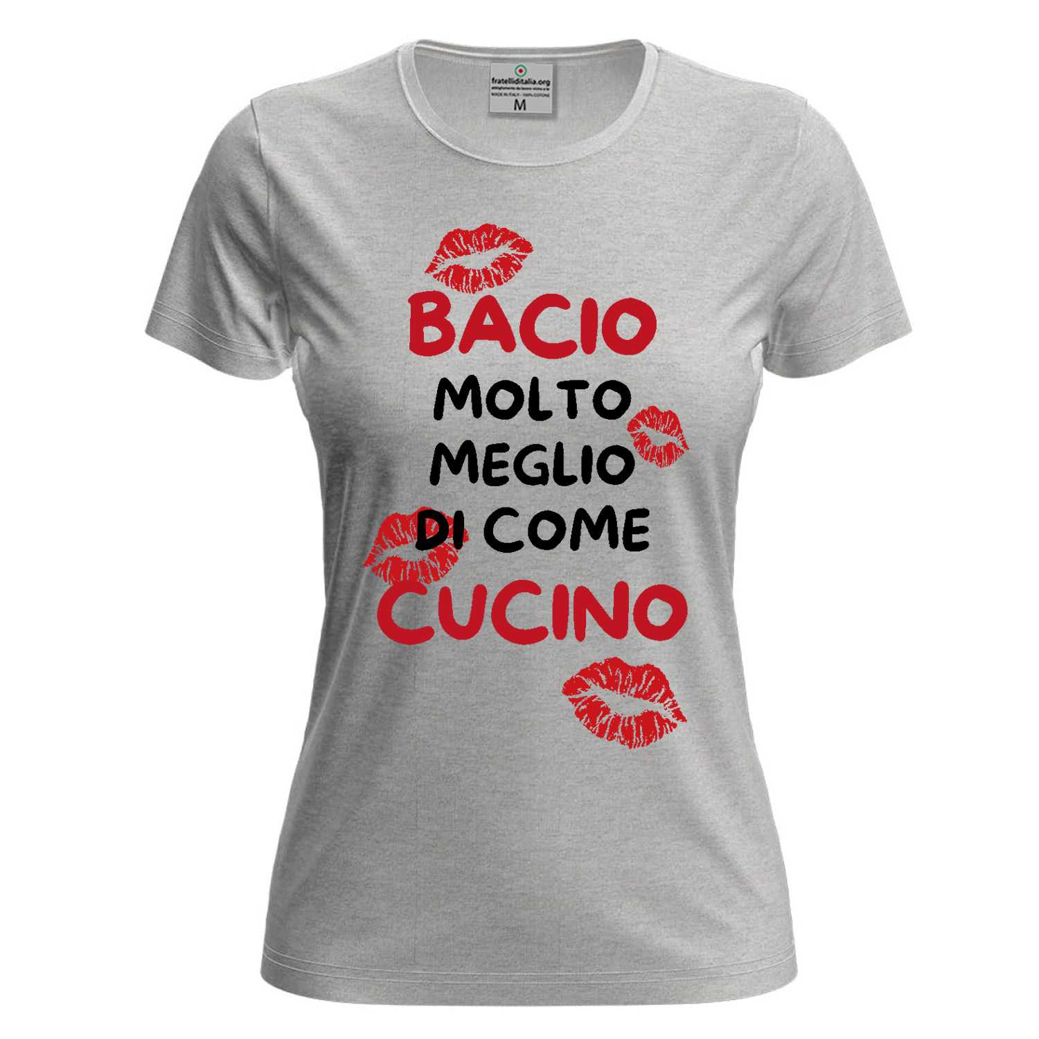 T-shirt classica donna a manica corta con stampa Bacio meglio di come cucino slim San Valentino chef cuoca