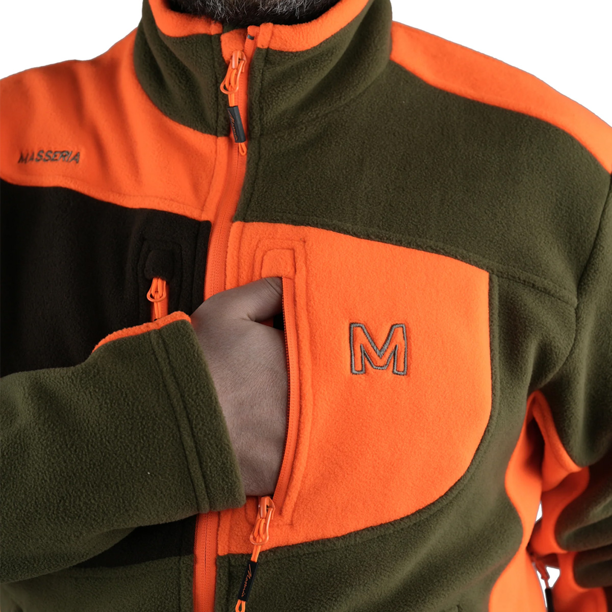 Maglione Pile da Caccia Masseria M12 bicolore ad alta visibilita e comfort termico con carniere posteriore in nylon idrorepellente