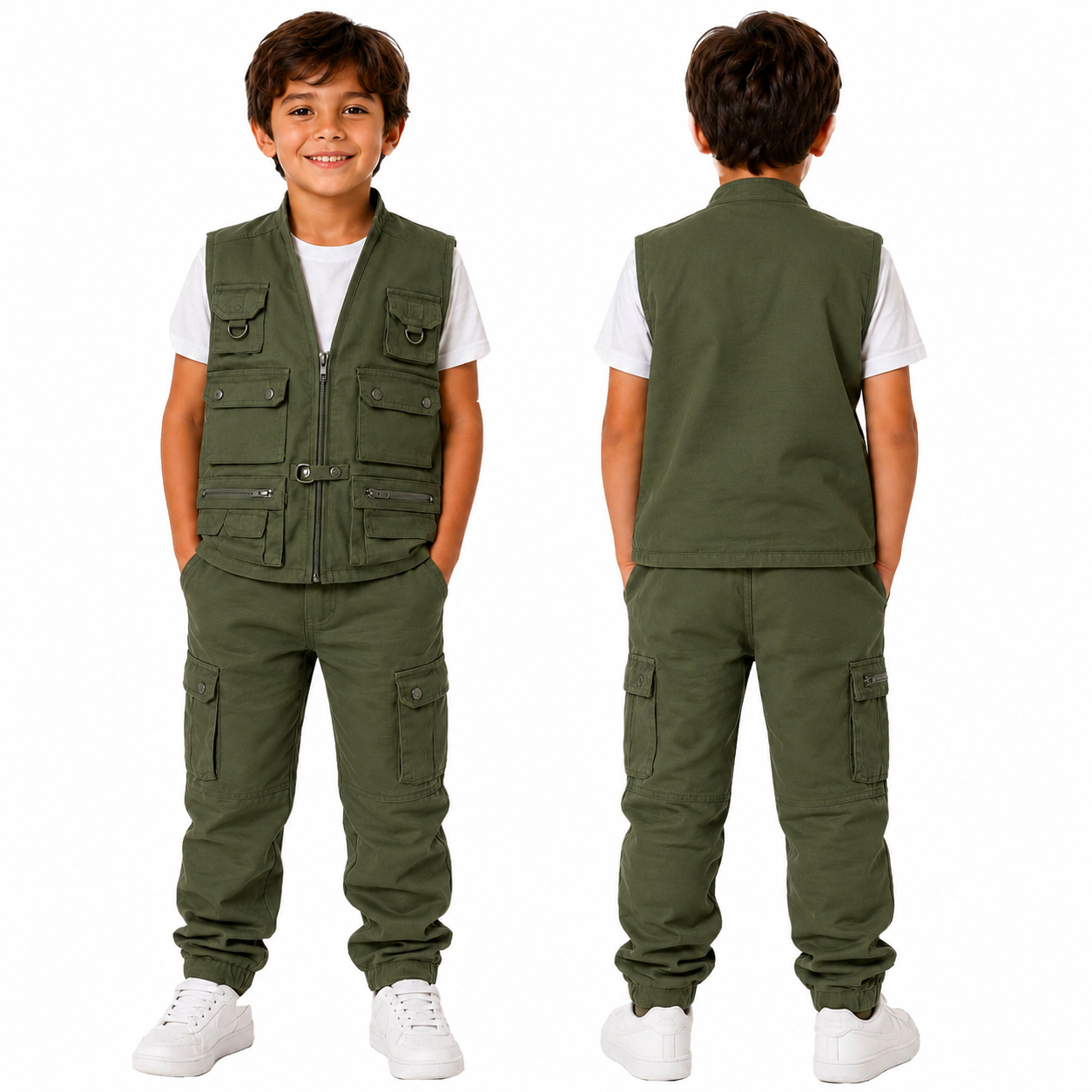Completo bambino bimbo gilet pantalone mimetico militare sportivo cotone