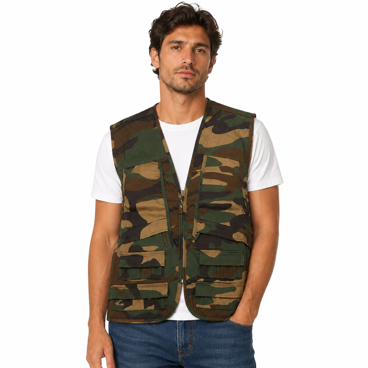 Gilet caccia pesca multitasche cartuccera sportivo zip tasche cerniera