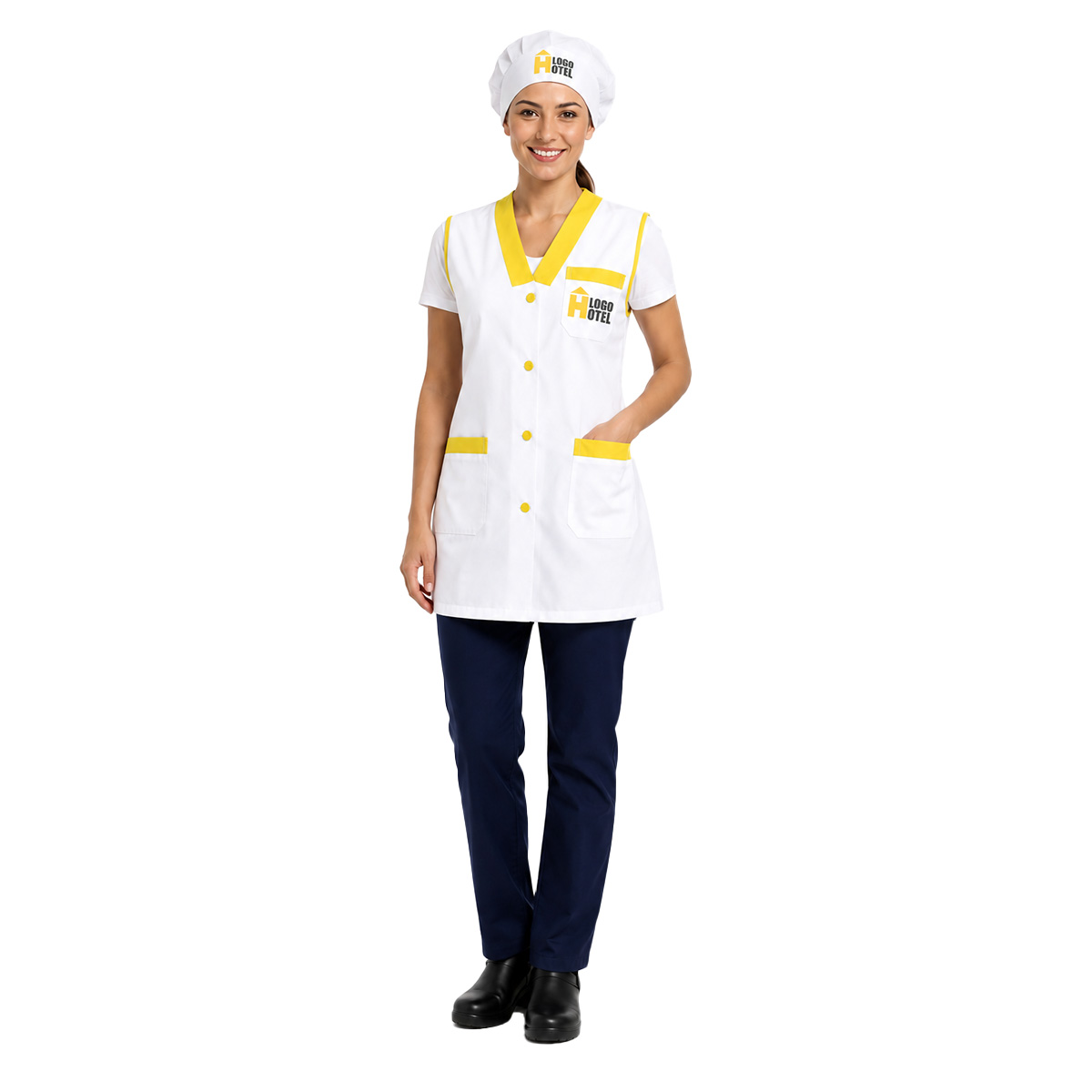 Kit Pulizie camice Hotel Personalizzabile Logo Nome Cuffia e Grembiule donna lavoro