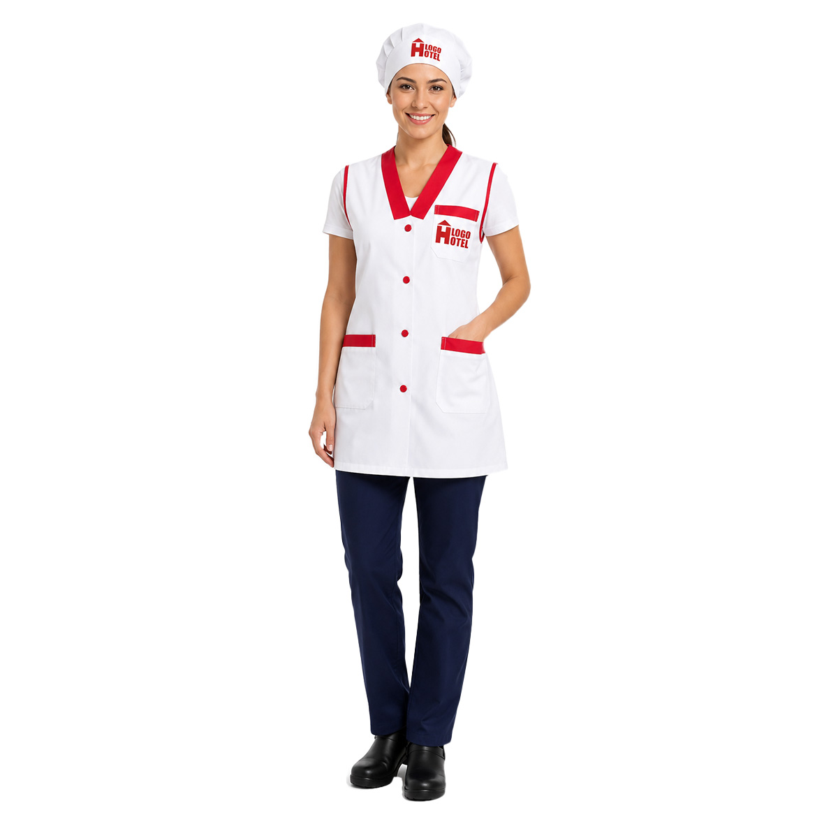 Kit Pulizie camice Hotel Personalizzabile Logo Nome Cuffia e Grembiule donna lavoro
