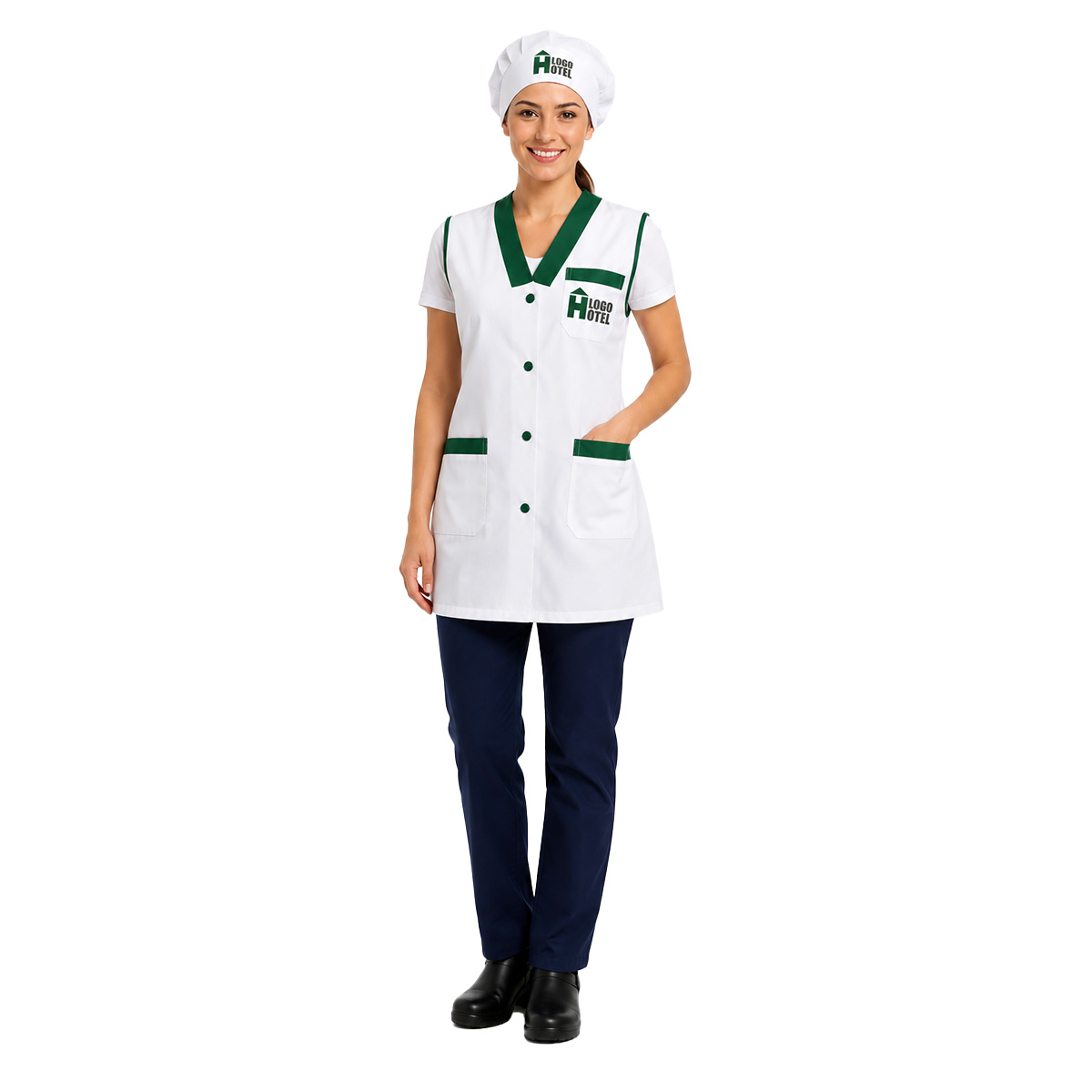 Kit Pulizie camice Hotel Personalizzabile Logo Nome Cuffia e Grembiule donna lavoro