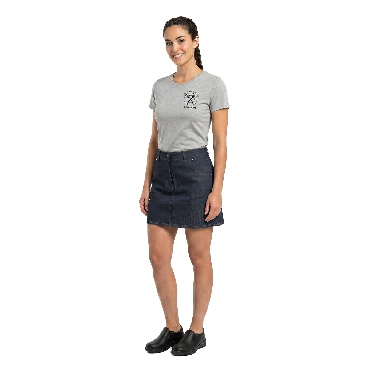 Kit donna con Grembiule davantino jeans corto e t-shirt per cameriere sala bar e divisa per Scuola Alberghiera Personalizzabile con Nome e Logo