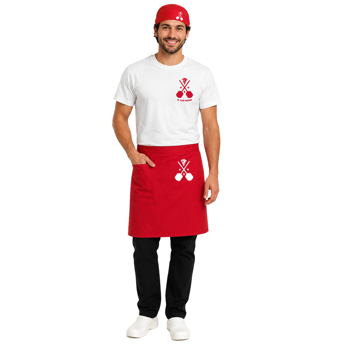 Kit Cucina Ristorante Pizzeria con t-shirt e grembiule corto e bandana Personalizzabile con Logo e Nome