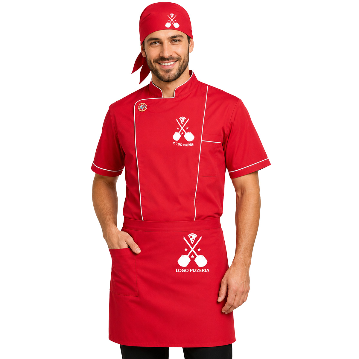Kit Cucina Ristorante Pizzeria con Casacca mezza manica grembiule corto e bandana Personalizzabile con Logo e Nome