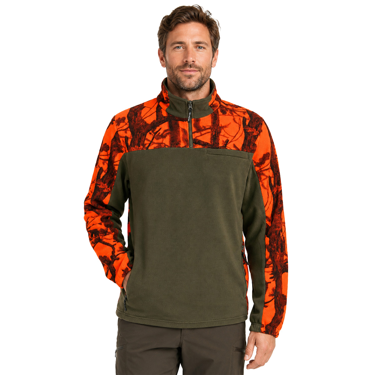 Maglia maglione pile antipilling arancio caccia neve cinghiale zip - Personalizzabile con il tuo logo