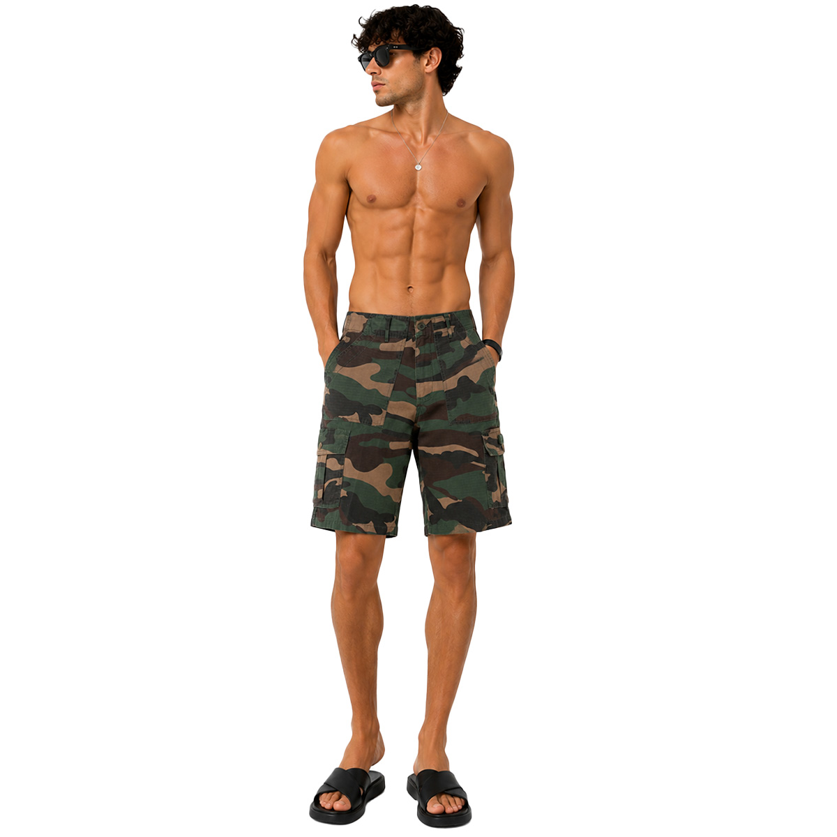 Pantaloncino bermuda pantalone corto mimetico verde tasche cotone spiaggia uomo