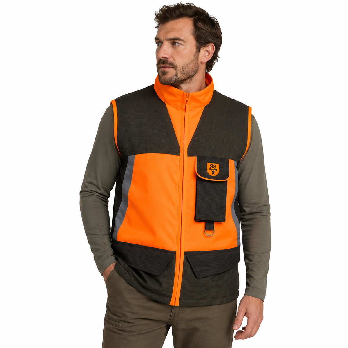 Gilet smanicato tessuto luminescente fasce rifrangenti caccia cinghiale - Personalizzabile con il tuo logo