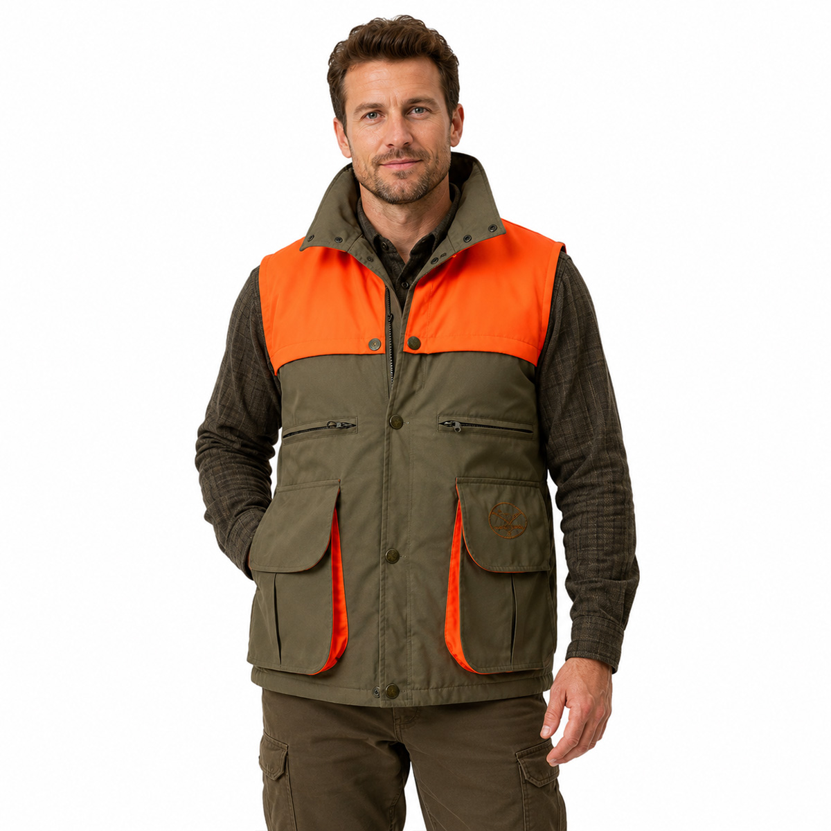 Gilet panciotto smanicato caccia sicurezza beige canvas abbigliamento cacciatore