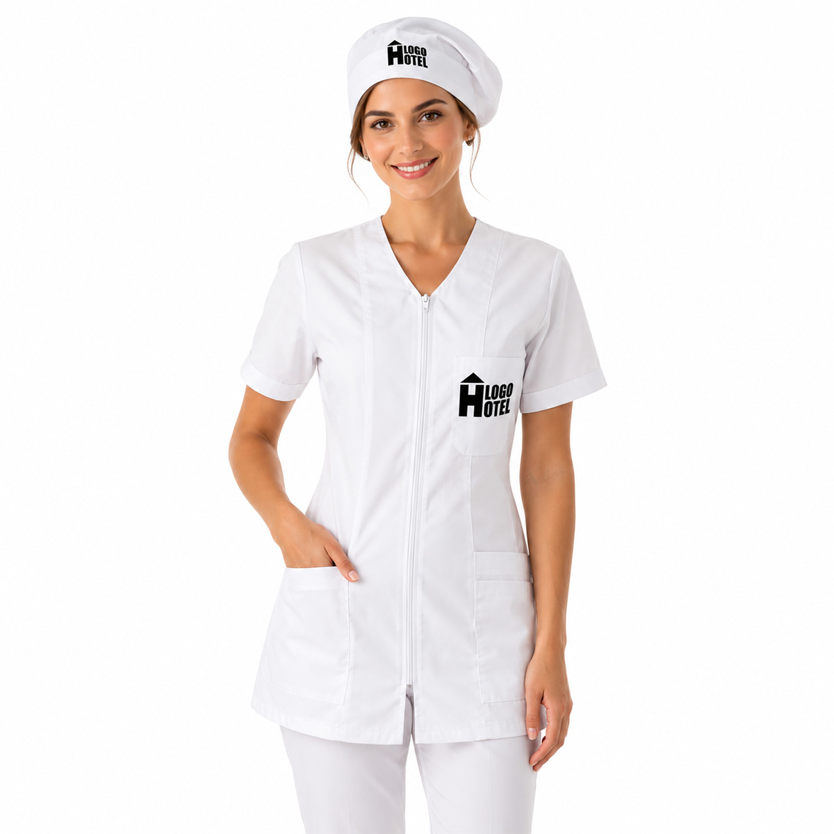 Completo camice grembiule Pulizie lavoro estetista infermiera oss Cuffia e Casacca Zip da Donna vari colori made in italy