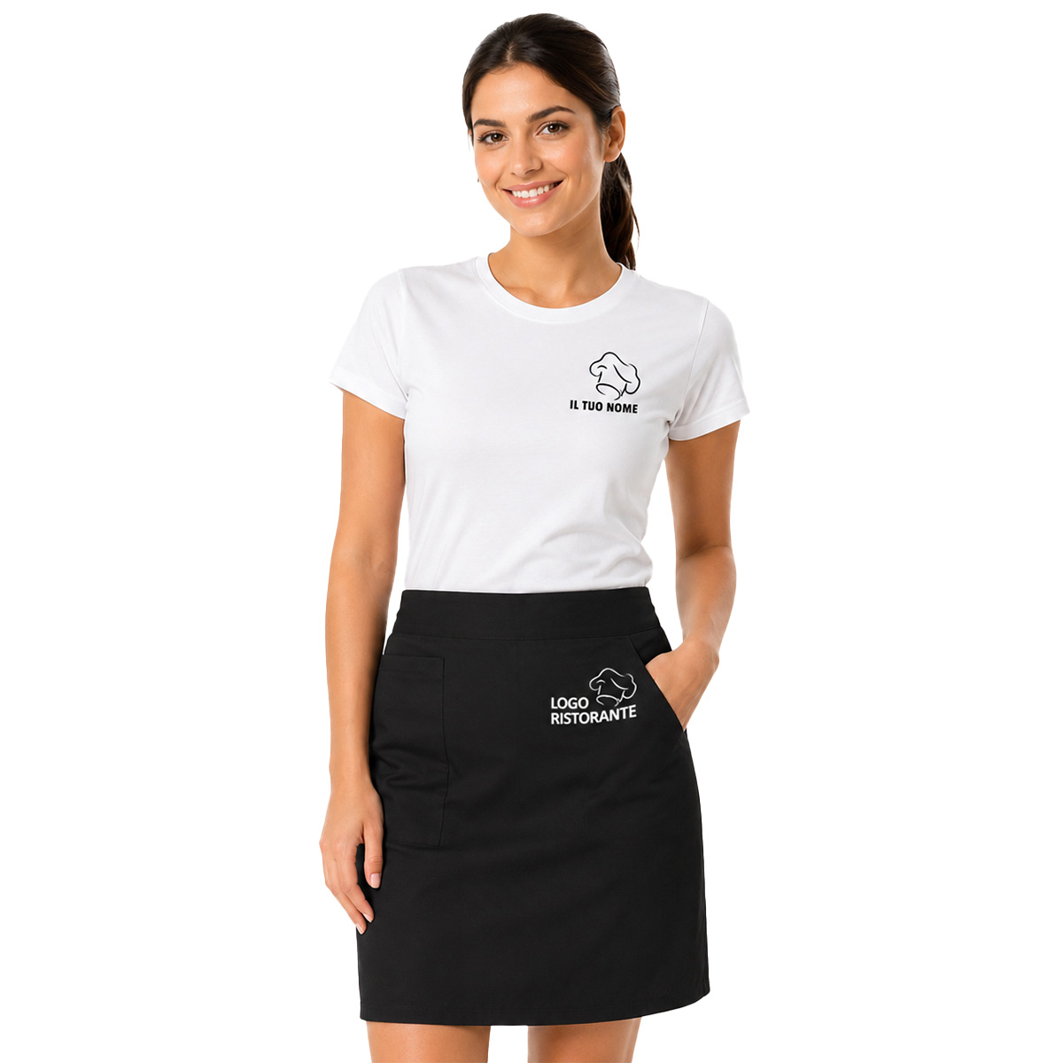 Kit Cuoco Donna Personalizzabile per cucina con t-shirt e grembiule corto nero