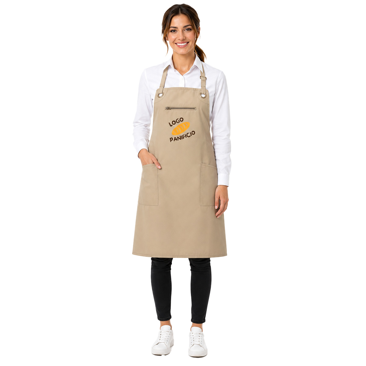 Divisa Donna per Bancone in Panetterie Forni e Bar con Camicia e Grembiule con Pettorina - Personalizzabile con Logo e Nome