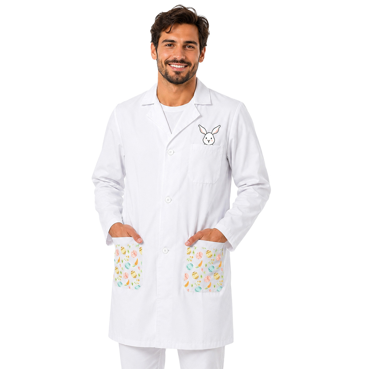 Camice laboratorio pediatrico stampe a tema Pasqua per clownterapia pediatra bambini medico dottore