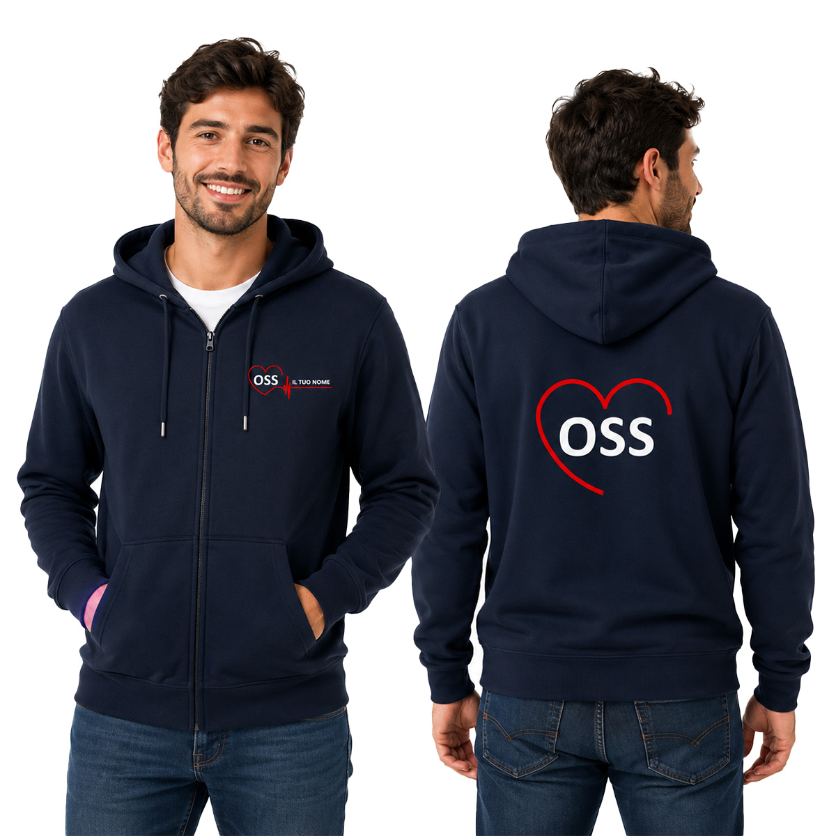 Felpa Unisex OSS con Zip e Cappuccio per Operatore Socio Sanitario in blu scuro - Personalizzata con stampa Fronte/Retro