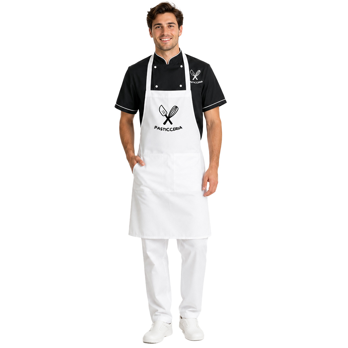 Kit Chef Pasticceria Cucina Forno Personalizzabile Completo con Giacca T-Shirt Grembiule e Pantaloni made in italy