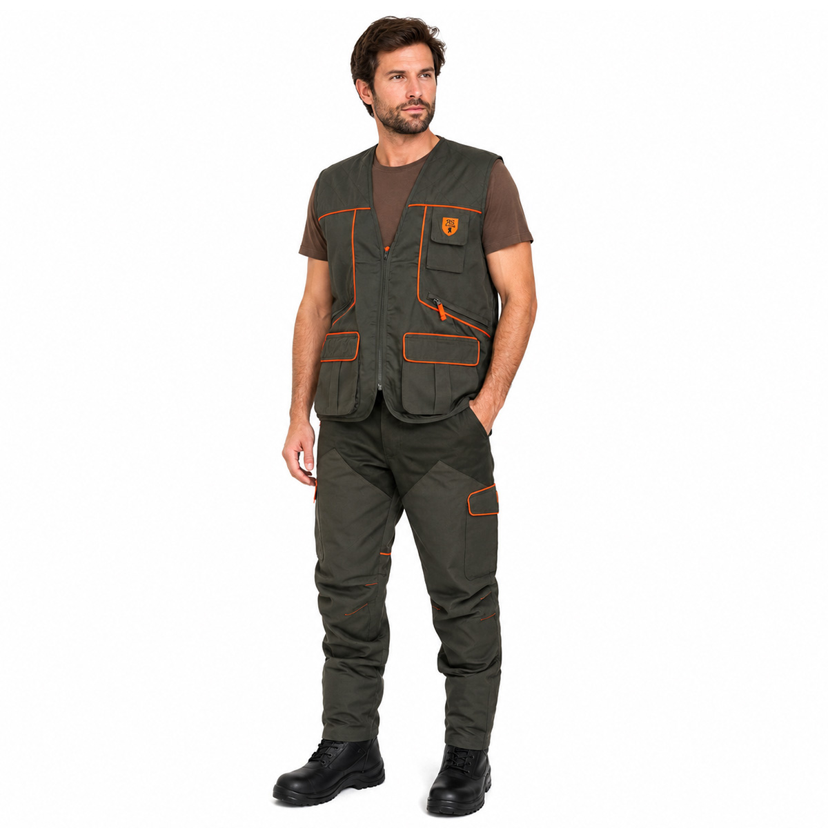 Completo caccia gilet pantalone riporti arancio smanicato uomo