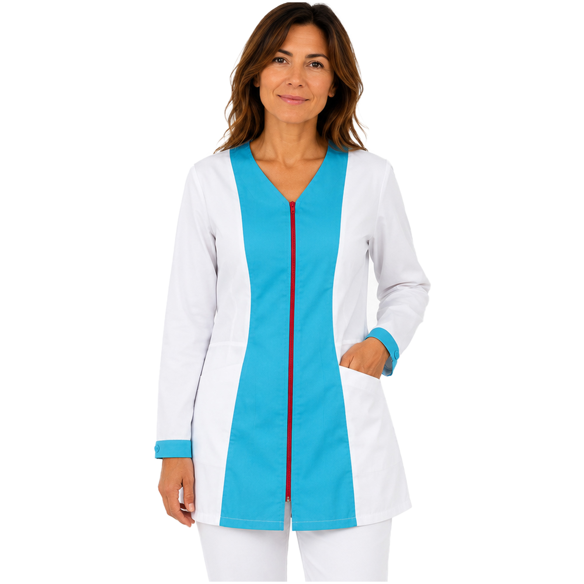 Camice donna lavoro operaia corto zip bianco gessato manica lunga cotone