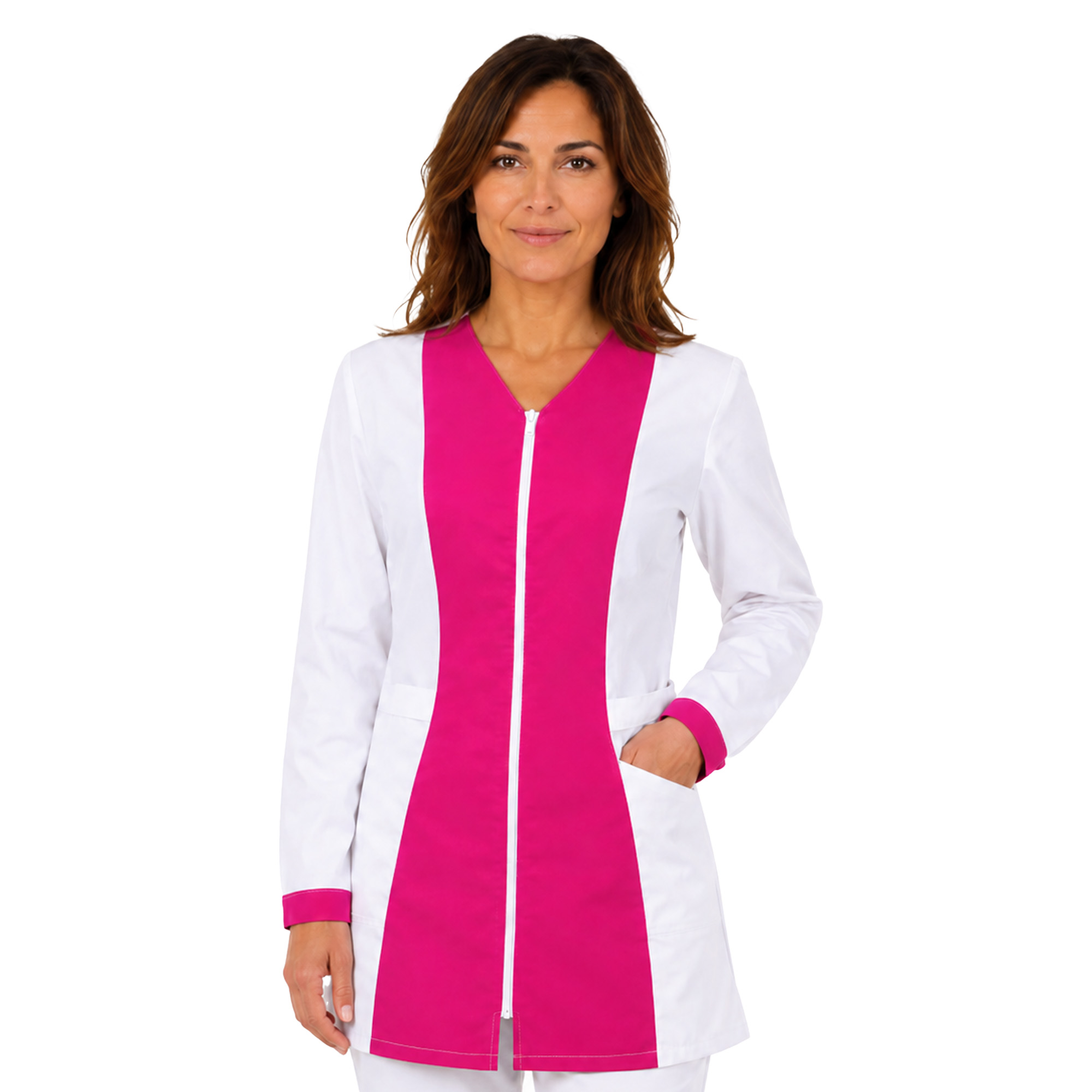 Camice donna lavoro operaia corto zip bianco gessato manica lunga cotone