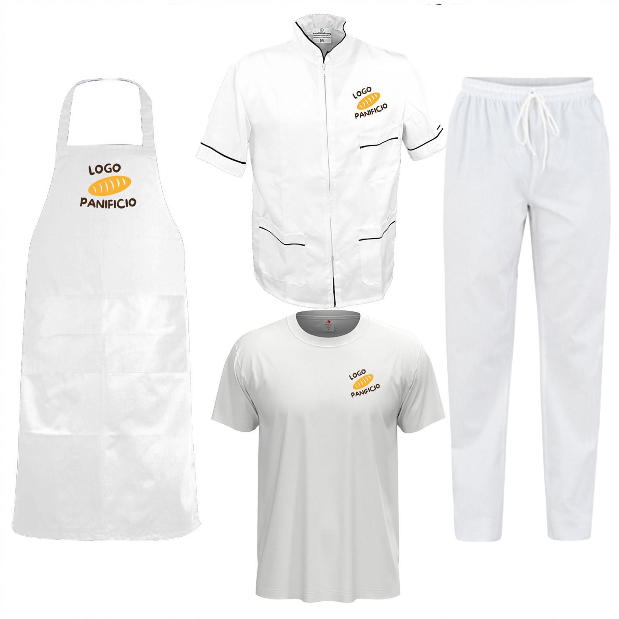 Kit completo Uomo per Panetteria Bancone fornaio con Casacca t-shirt Pantalone e Grembiule Personalizzabile con logo e nome