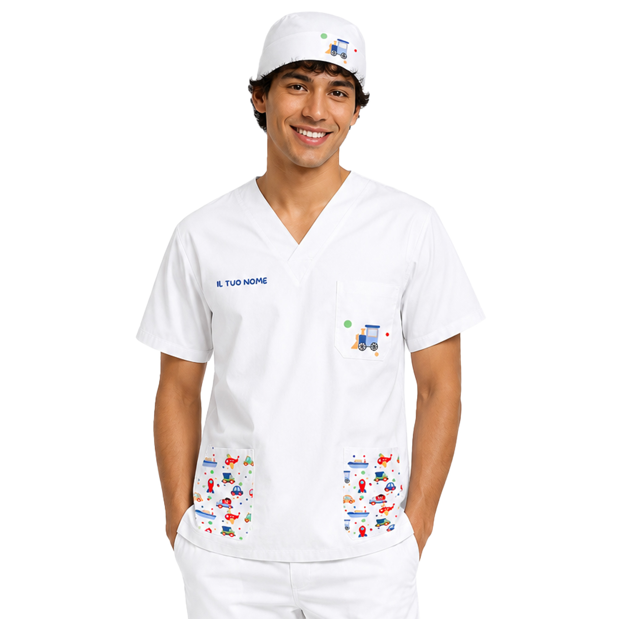 Divisa completo infermiere ospedaliero oss casacca pantalone e bandana per Clowntherapy Dottore vari colori fantasia giochi