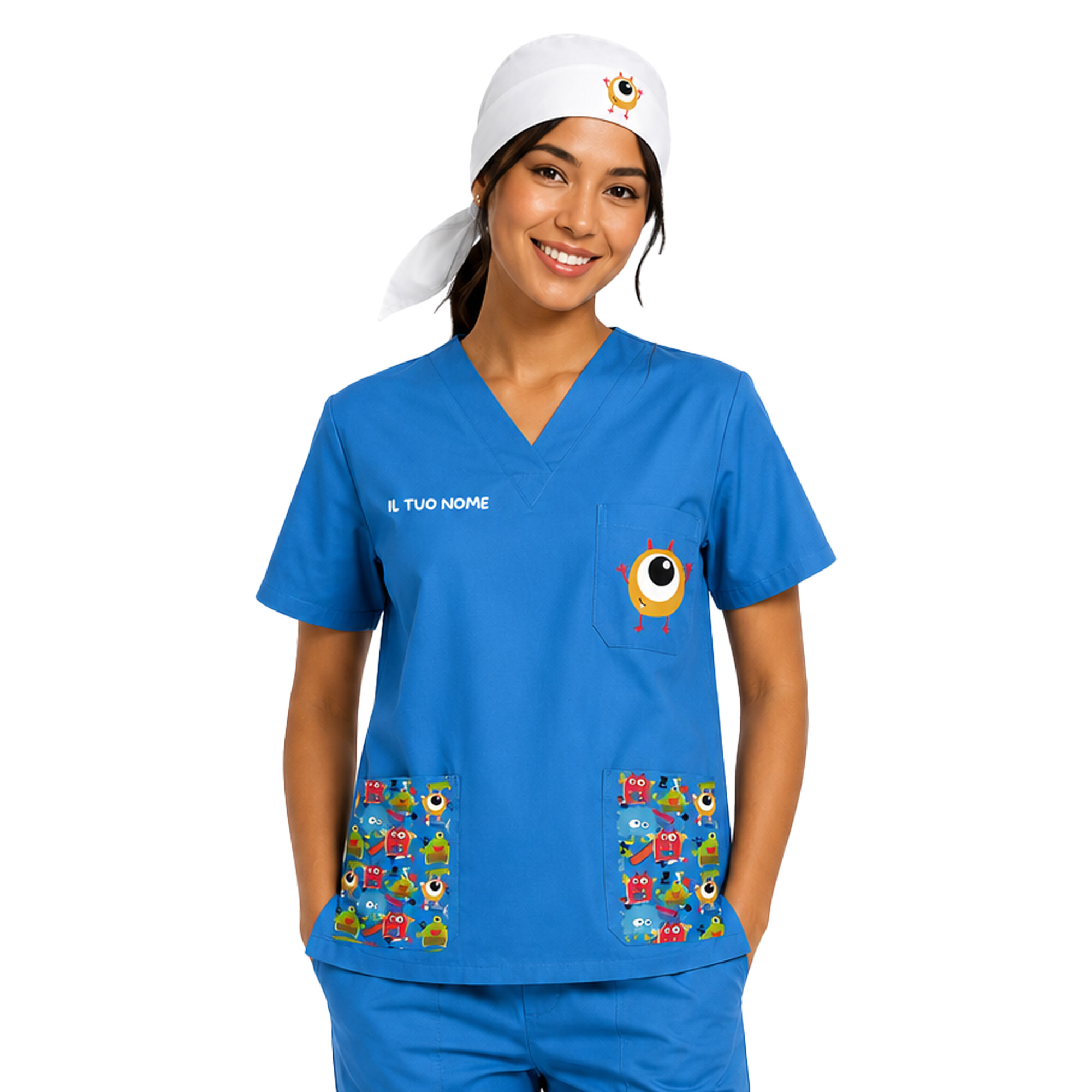 Divisa completo oss casacca scollo a v con pantalone e bandana infermiere pediatra dottore ospedaliero fantasia mostri