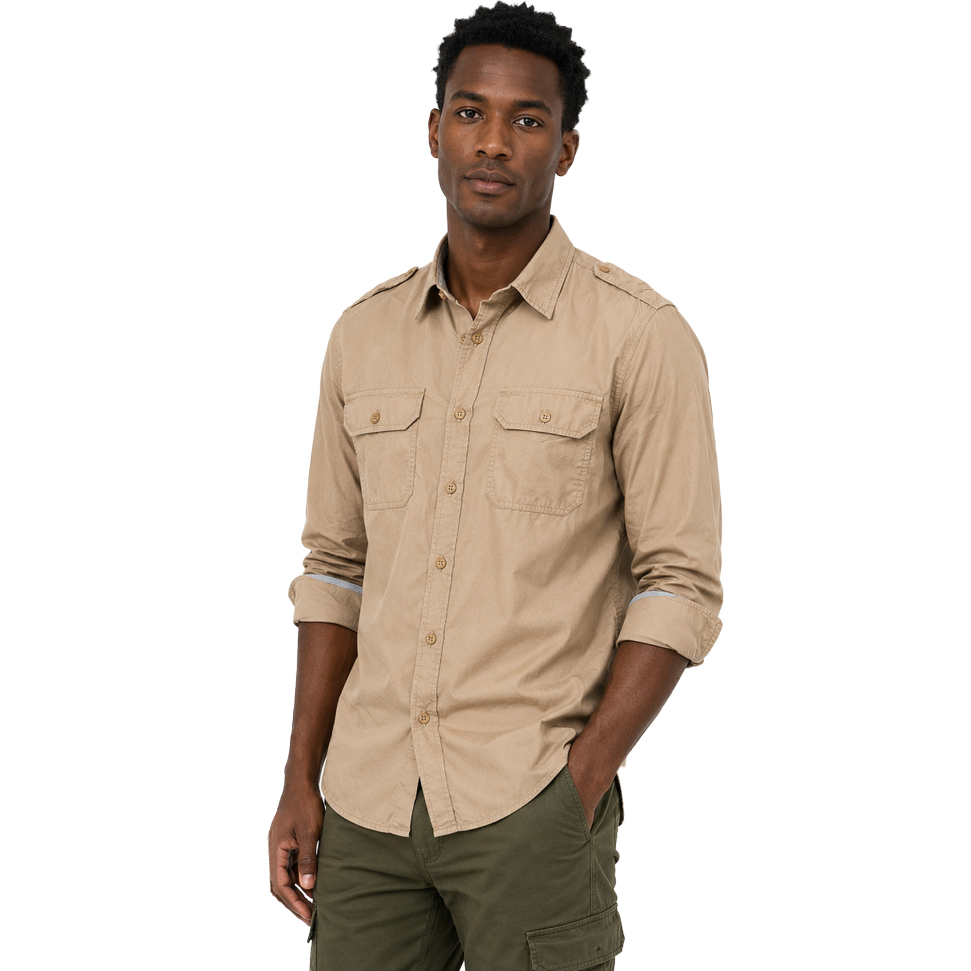 Camicia uomo caccia camo beige popeline bottoni tasche montagna abbigliamento tecnico