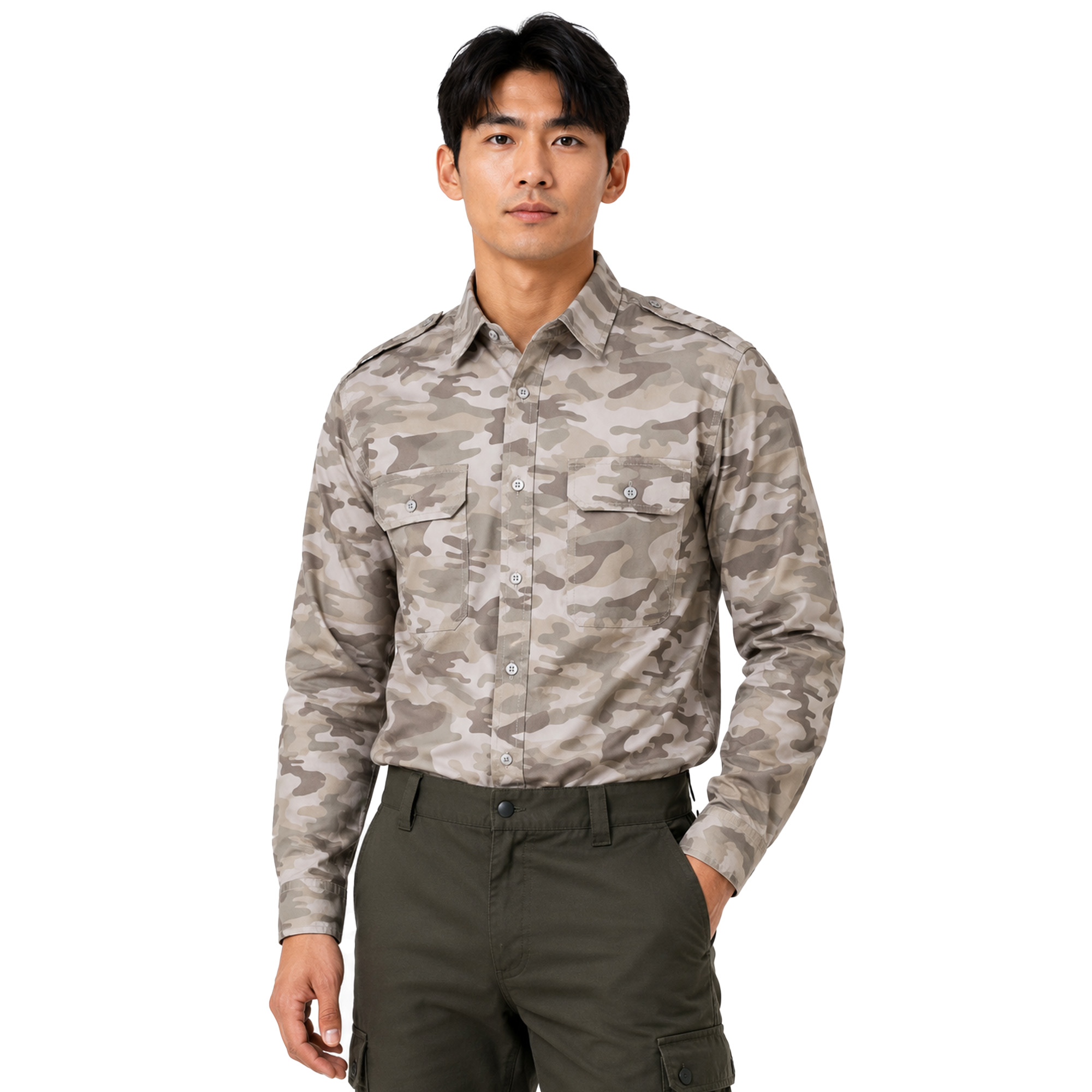 Camicia uomo caccia camo beige popeline bottoni tasche montagna abbigliamento tecnico