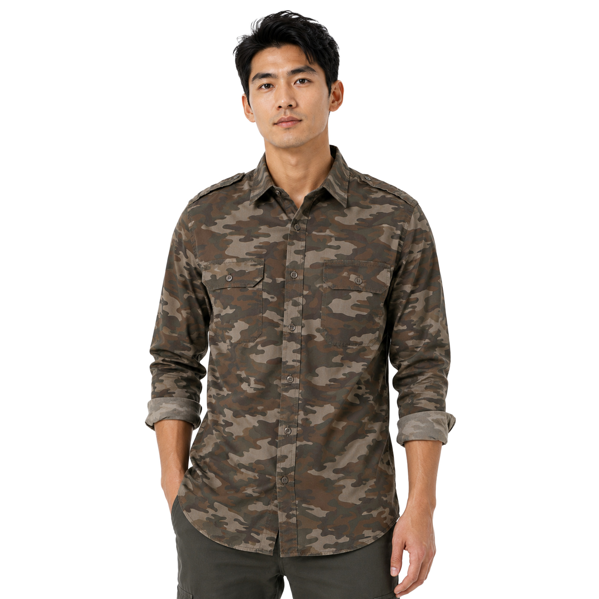 Camicia uomo caccia camo beige popeline bottoni tasche montagna abbigliamento tecnico