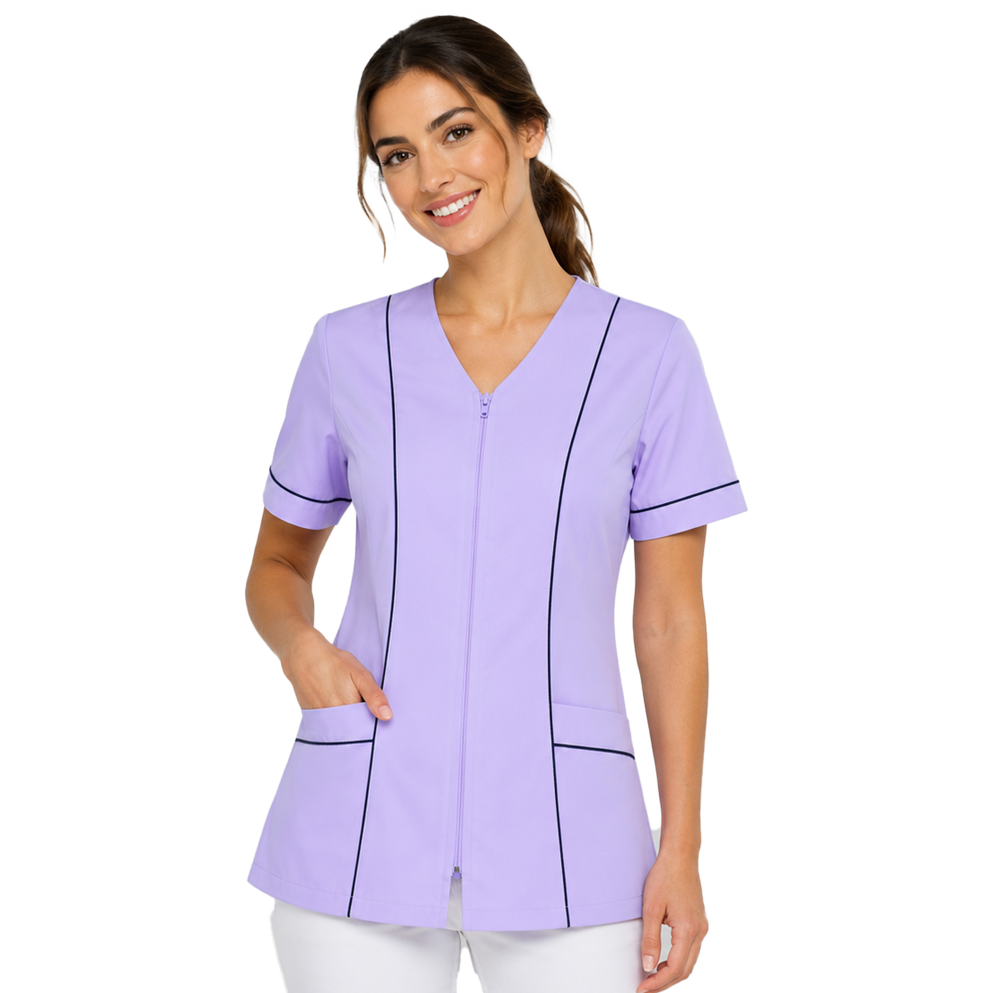 Camice donna abbigliamento lavoro maniche corte estivo zip cotone estetista - Personalizzabile con il tuo logo