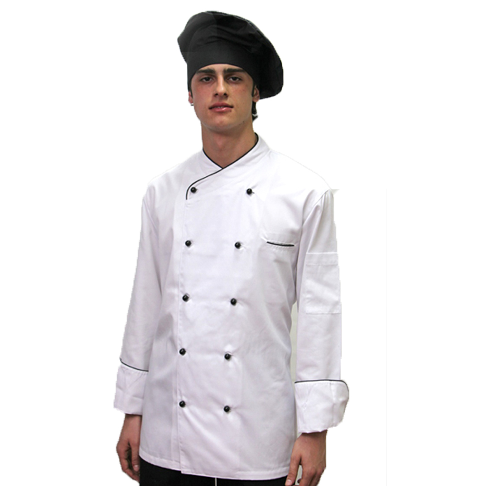 Giacca casacca cuoco cotone bianca profilo nero o blu con bottoncini - Personalizzabile con il tuo logo