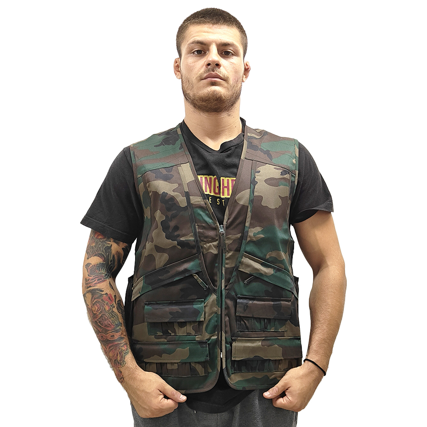 Gilet smanicato tasche cotone mimetico verde Personalizzabile con il tuo logo