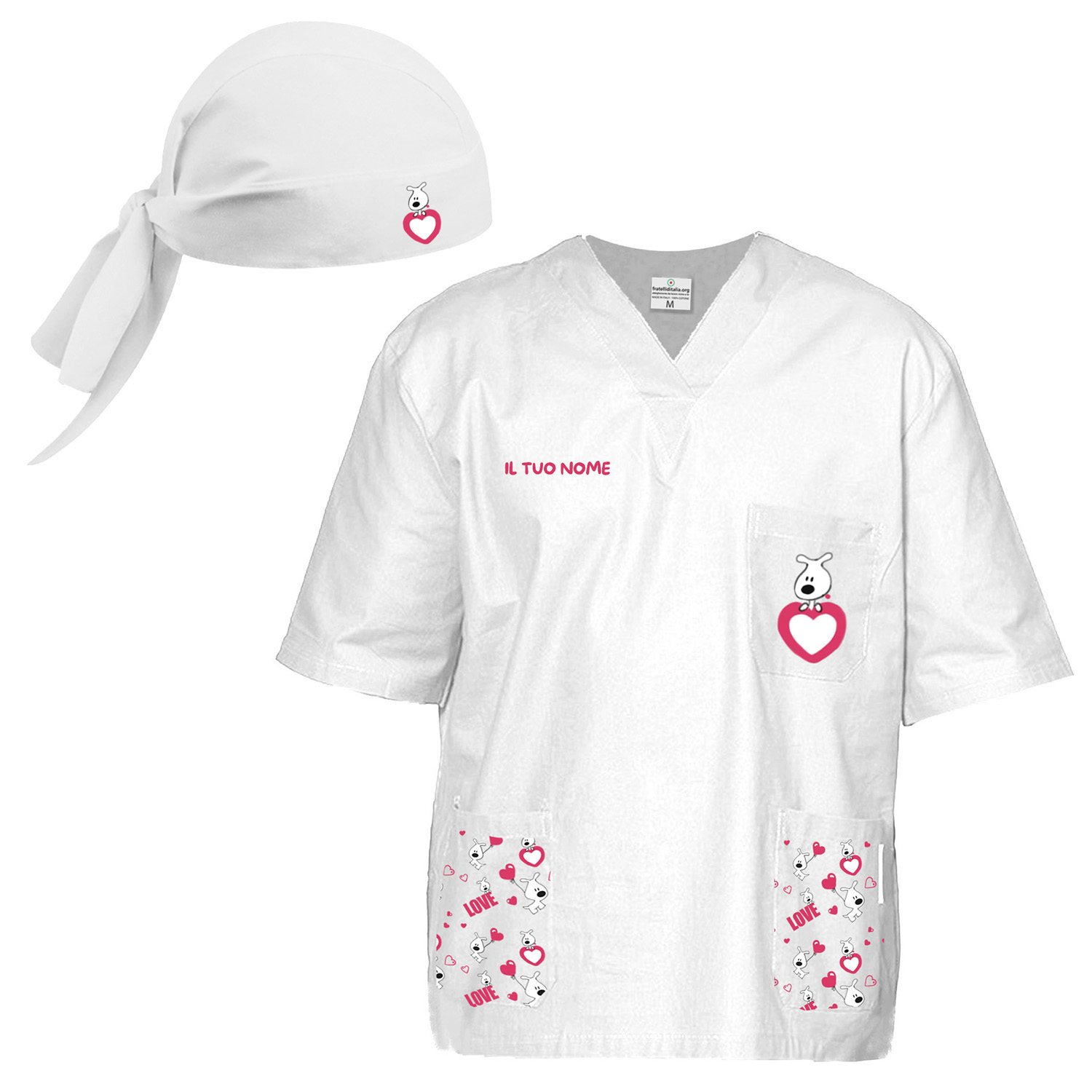 Divisa completo oss amami stringimi love me casacca pantalone e bandana per Clown Dottore comicoterapia vari colori