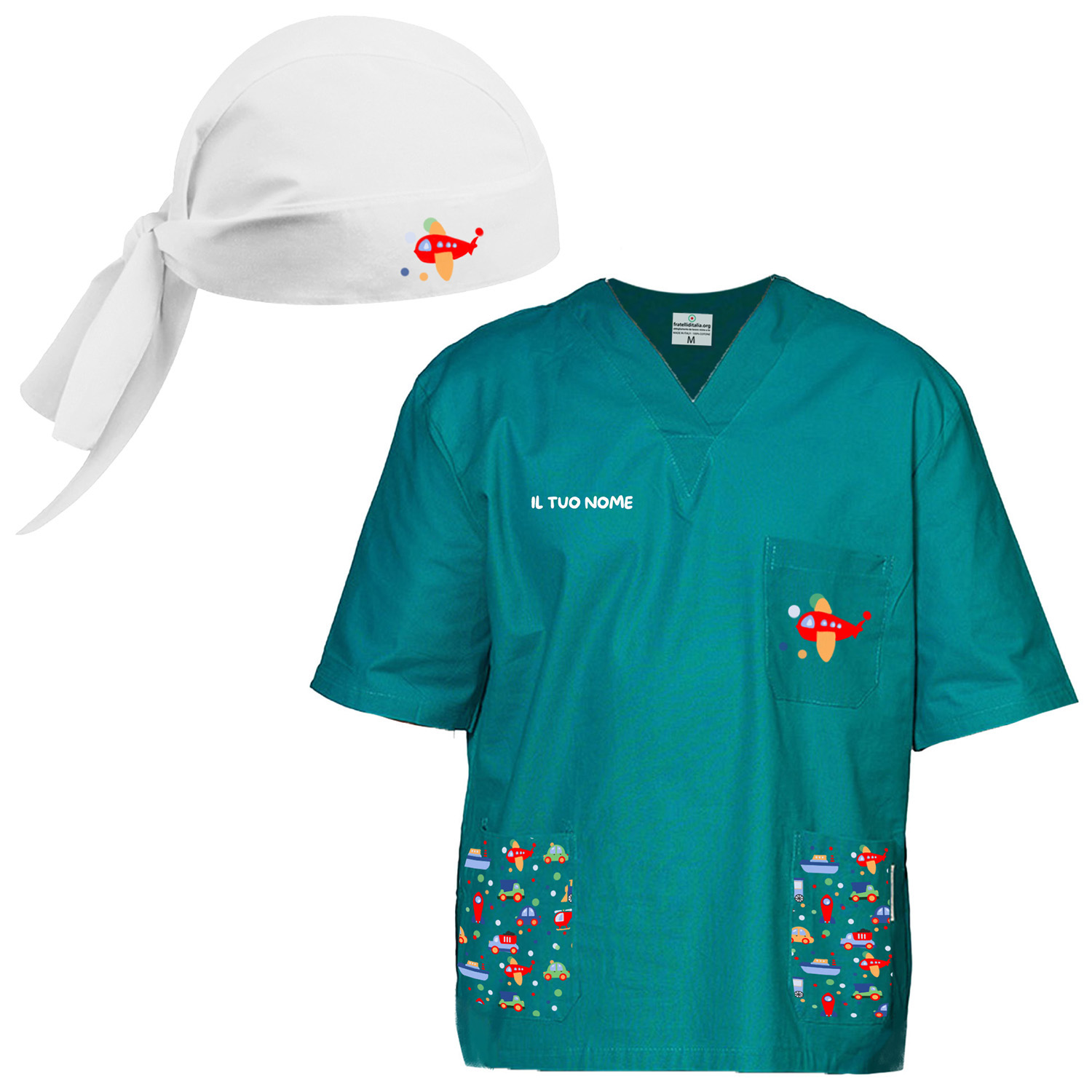 Divisa completo infermiere ospedaliero oss casacca pantalone e bandana per Clowntherapy Dottore vari colori fantasia giochi