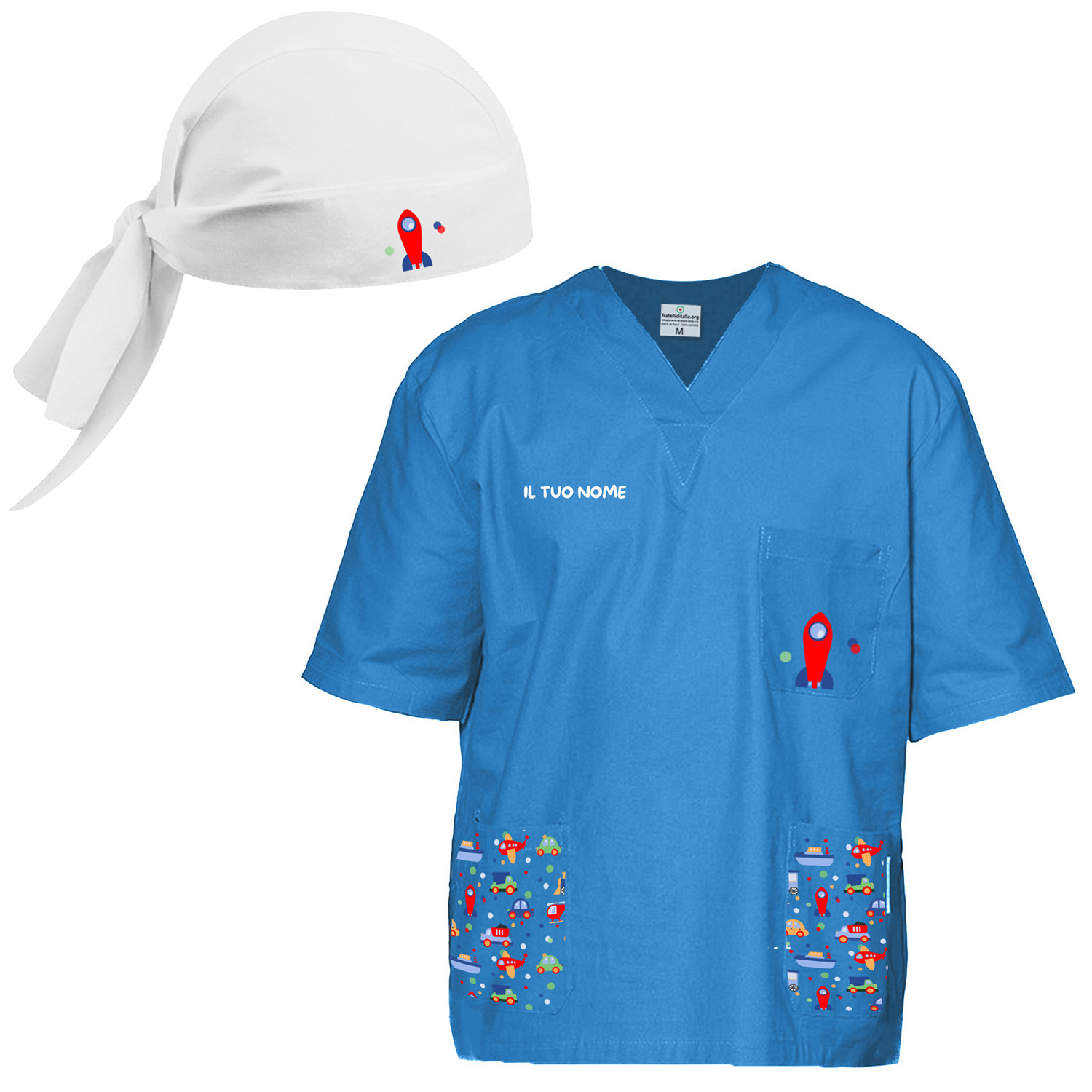 Divisa completo infermiere ospedaliero oss casacca pantalone e bandana per Clowntherapy Dottore vari colori fantasia giochi