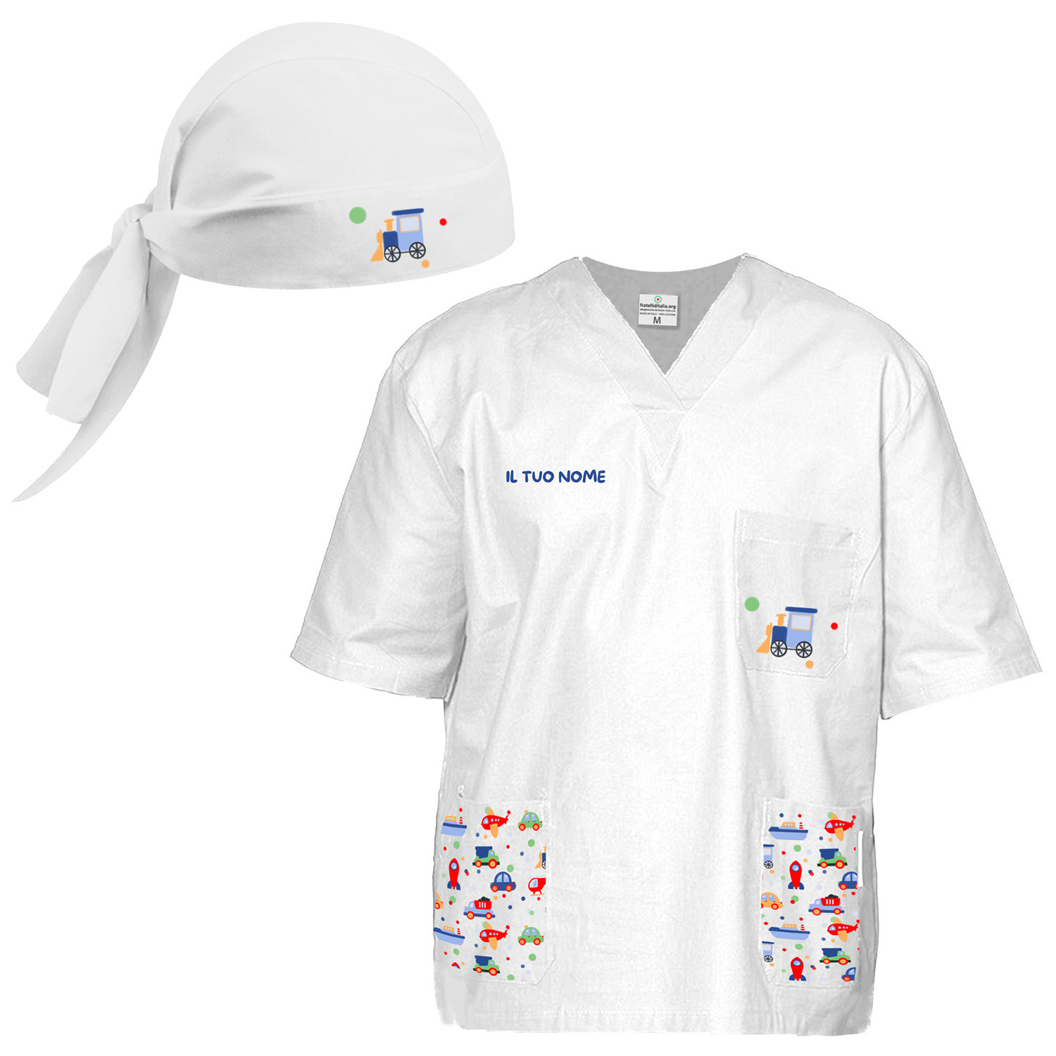 Divisa completo infermiere ospedaliero oss casacca pantalone e bandana per Clowntherapy Dottore vari colori fantasia giochi